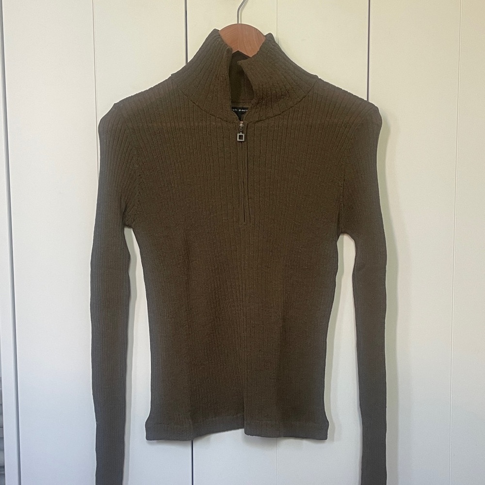 Sarah Pacini Olive Ribbed Half-Zip Top